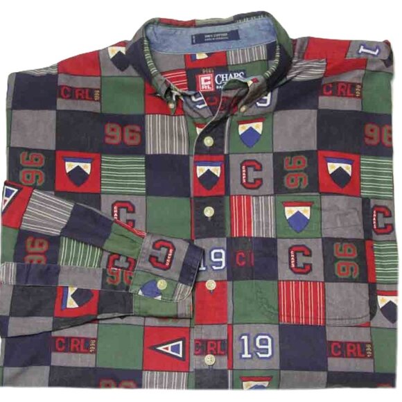 VTG 1996 Chaps Ralph Lauren Shirt Monogram Shield Check  Men's Oversized Medium - Picture 2 of 2